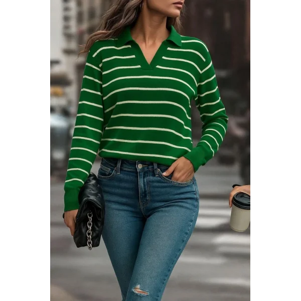 Kadın Uzun Kollu V Yaka çizgili Triko Bluz