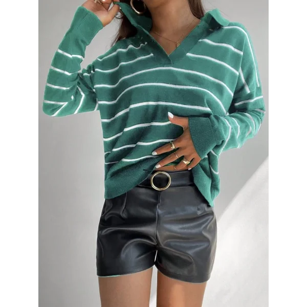 Kadın Uzun Kollu V Yaka çizgili Triko Bluz