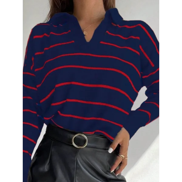 Kadın Uzun Kollu V Yaka çizgili Triko Bluz