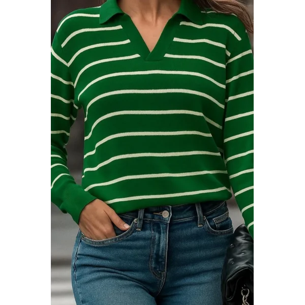 Kadın Uzun Kollu V Yaka çizgili Triko Bluz