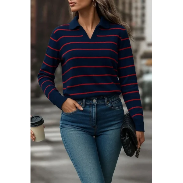 Kadın Uzun Kollu V Yaka çizgili Triko Bluz