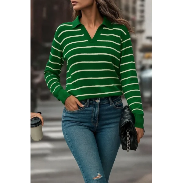 Kadın Uzun Kollu V Yaka çizgili Triko Bluz