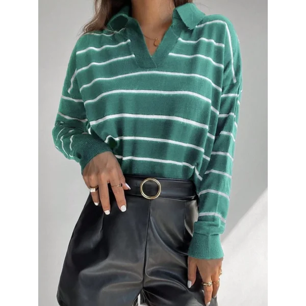Kadın Uzun Kollu V Yaka çizgili Triko Bluz