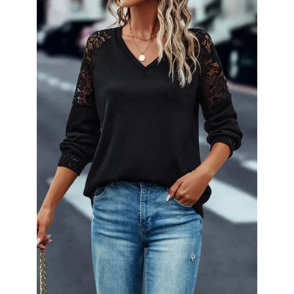 Kadın Uzun Kollu V Yaka Dantel Detaylı Kaşkorse Bluz