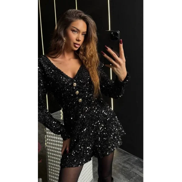 Kadın Uzun Kollu V Yaka Düğme Detay Ful Pul Payet Elbise
