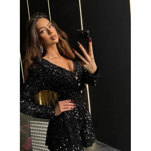 Kadın Uzun Kollu V Yaka Düğme Detay Ful Pul Payet Elbise