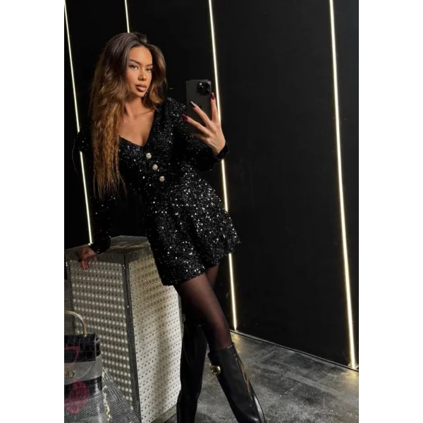 Kadın Uzun Kollu V Yaka Düğme Detay Ful Pul Payet Elbise