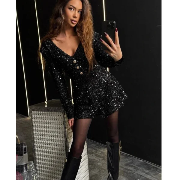 Kadın Uzun Kollu V Yaka Düğme Detay Ful Pul Payet Elbise