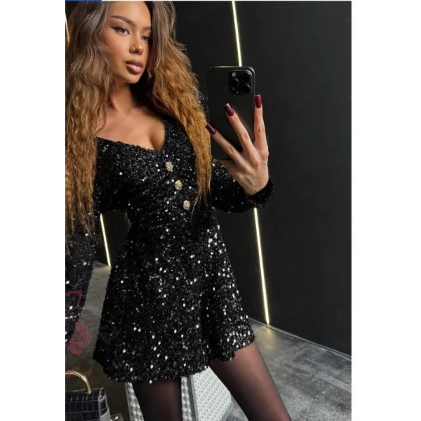 Kadın Uzun Kollu V Yaka Düğme Detay Ful Pul Payet Elbise