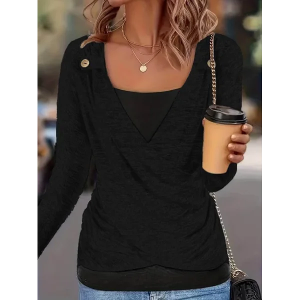 Kadın Uzun Kollu V Yaka Düğme Detaylı Yumoş Bluz