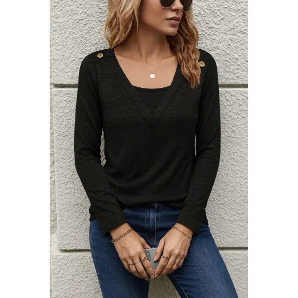 Kadın Uzun Kollu V Yaka Düğme Detaylı Yumoş Bluz