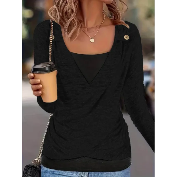 Kadın Uzun Kollu V Yaka Düğme Detaylı Yumoş Bluz