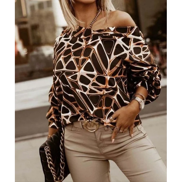 Kadın Uzun Kollu V Yaka Düşük Omuz Geometrik Desen şardonlu Dalgıç Bluz