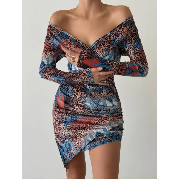 Kadın Uzun Kollu V Yaka eopar Etnik Desen Fırsat ürün ini Kruvaze Elbise