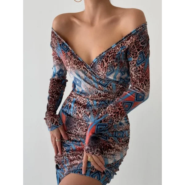 Kadın Uzun Kollu V Yaka eopar Etnik Desen Fırsat ürün ini Kruvaze Elbise