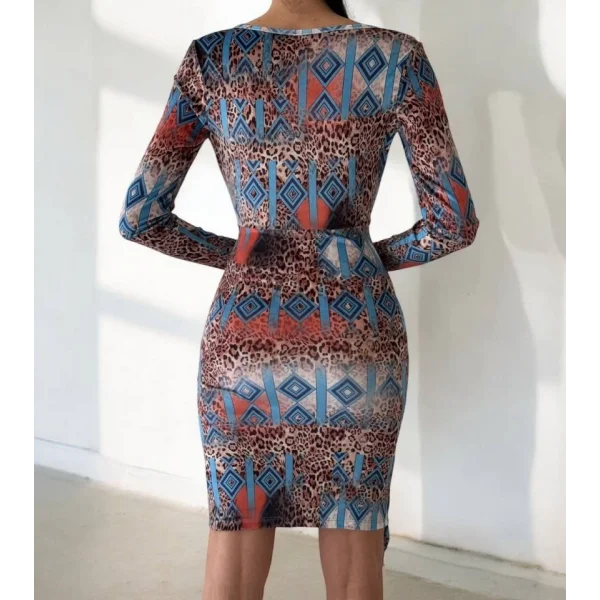 Kadın Uzun Kollu V Yaka eopar Etnik Desen Fırsat ürün ini Kruvaze Elbise