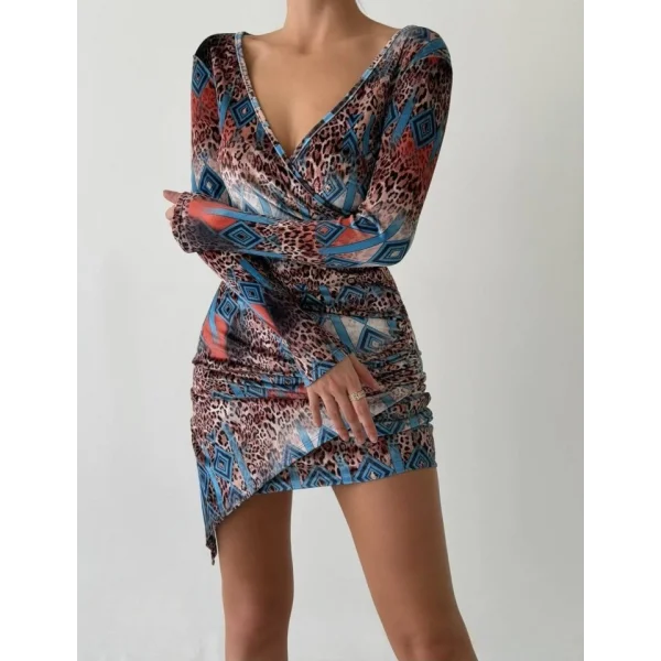 Kadın Uzun Kollu V Yaka eopar Etnik Desen Fırsat ürün ini Kruvaze Elbise