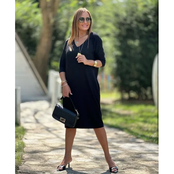 Kadın Uzun Kollu V Yaka Iki Yanı Cepli Salaş Iki Iplik Elbise