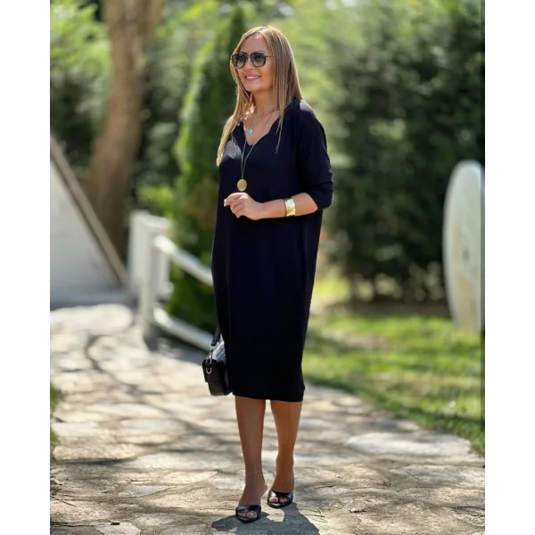 Kadın Uzun Kollu V Yaka Iki Yanı Cepli Salaş Iki Iplik Elbise