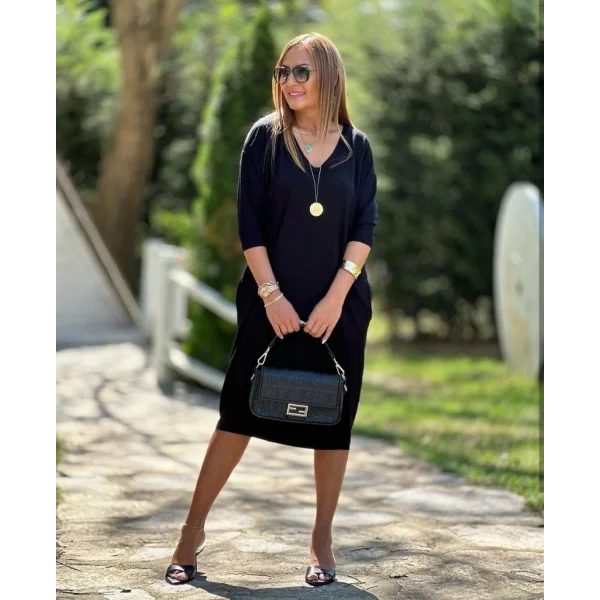 Kadın Uzun Kollu V Yaka Iki Yanı Cepli Salaş Iki Iplik Elbise