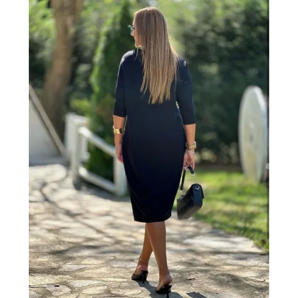 Kadın Uzun Kollu V Yaka Iki Yanı Cepli Salaş Iki Iplik Elbise