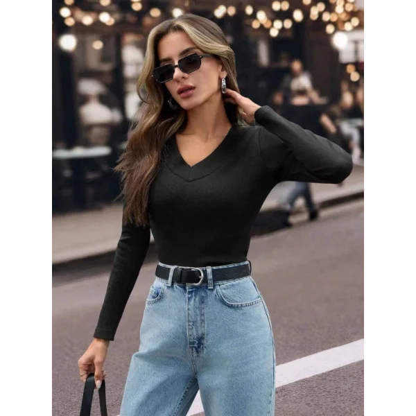 Kadın Uzun Kollu V Yaka Kaşkorse Kumaş Bluz