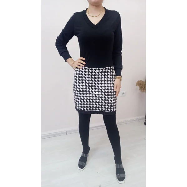 Kadın Uzun Kollu V Yaka Kazayağı Desen Dalgıç Kumaş Elbise