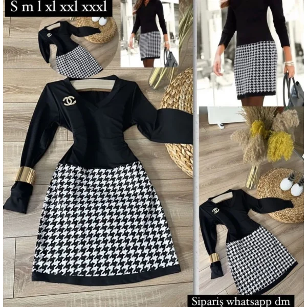 Kadın Uzun Kollu V Yaka Kazayağı Desen Dalgıç Kumaş Elbise