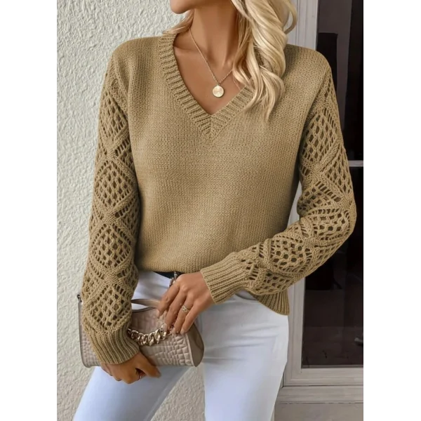 Kadın Uzun Kollu V Yaka Kol Delikli Baklava Desen Detaylı Triko Kazak