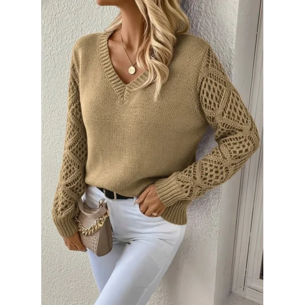 Kadın Uzun Kollu V Yaka Kol Delikli Baklava Desen Detaylı Triko Kazak