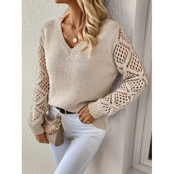 Kadın Uzun Kollu V Yaka Kol Delikli Baklava Desen Detaylı Triko Kazak