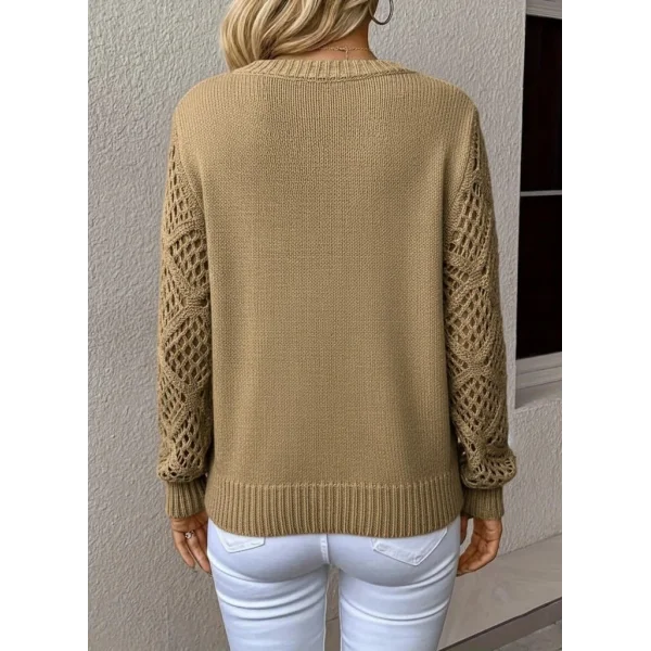 Kadın Uzun Kollu V Yaka Kol Delikli Baklava Desen Detaylı Triko Kazak