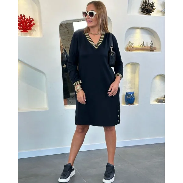 Kadın Uzun Kollu V Yaka Kol Ve Yaka Ribanalı Etek çıtçıt Detay Iki Iplik Elbise