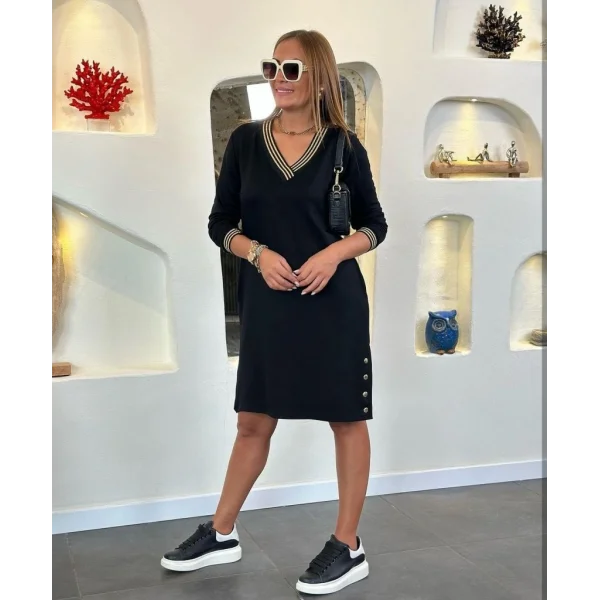 Kadın Uzun Kollu V Yaka Kol Ve Yaka Ribanalı Etek çıtçıt Detay Iki Iplik Elbise