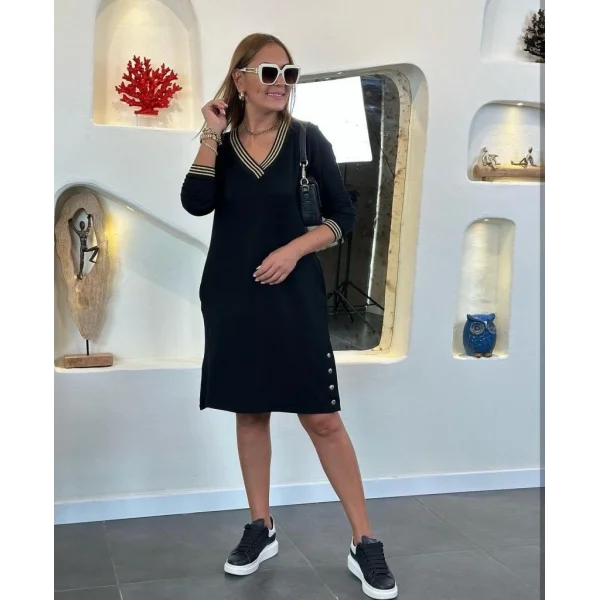 Kadın Uzun Kollu V Yaka Kol Ve Yaka Ribanalı Etek çıtçıt Detay Iki Iplik Elbise