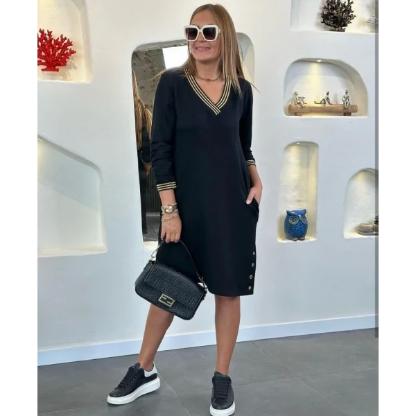 Kadın Uzun Kollu V Yaka Kol Ve Yaka Ribanalı Etek çıtçıt Detay Iki Iplik Elbise