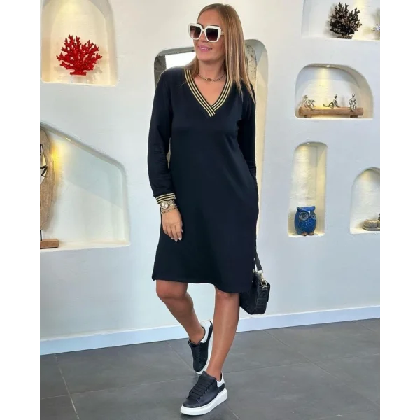 Kadın Uzun Kollu V Yaka Kol Ve Yaka Ribanalı Etek çıtçıt Detay Iki Iplik Elbise