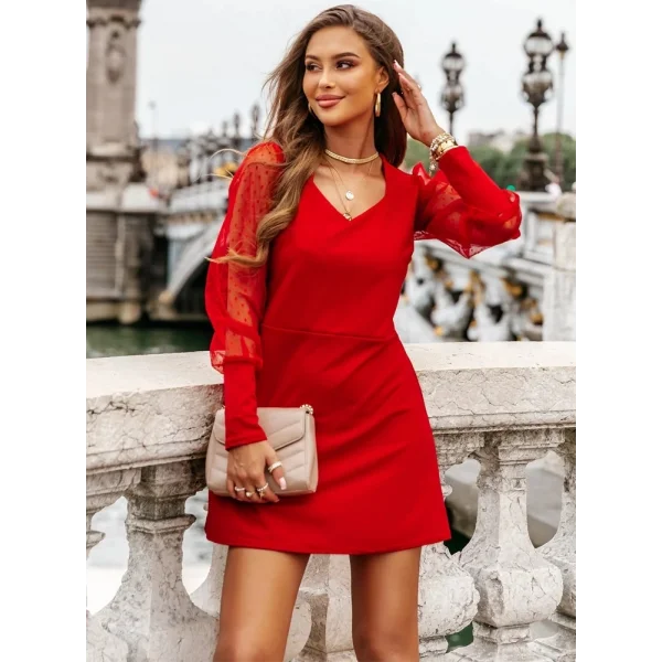 Kadın Uzun Kollu V Yaka Kollar Tül Detay Krep Elbise