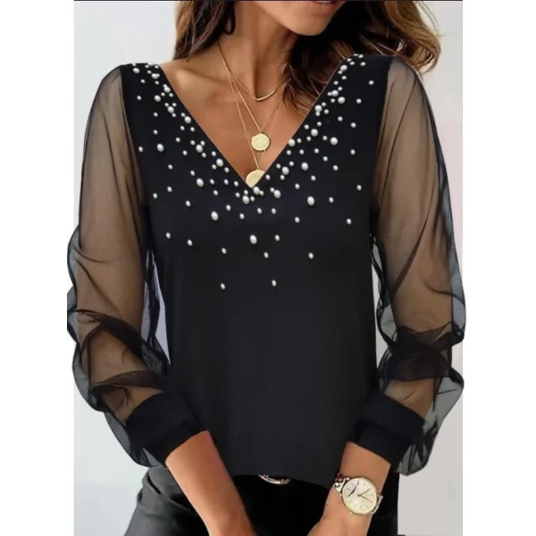 Kadın Uzun Kollu V Yaka Kolları Tül Yaka Kenarı Ve Göğüs Inci Detay Krep Bluz
