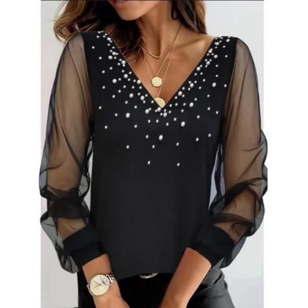 Kadın Uzun Kollu V Yaka Kolları Tül Yaka Kenarı Ve Göğüs Inci Detay Krep Bluz