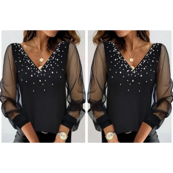Kadın Uzun Kollu V Yaka Kolları Tül Yaka Kenarı Ve Göğüs Inci Detay Krep Bluz