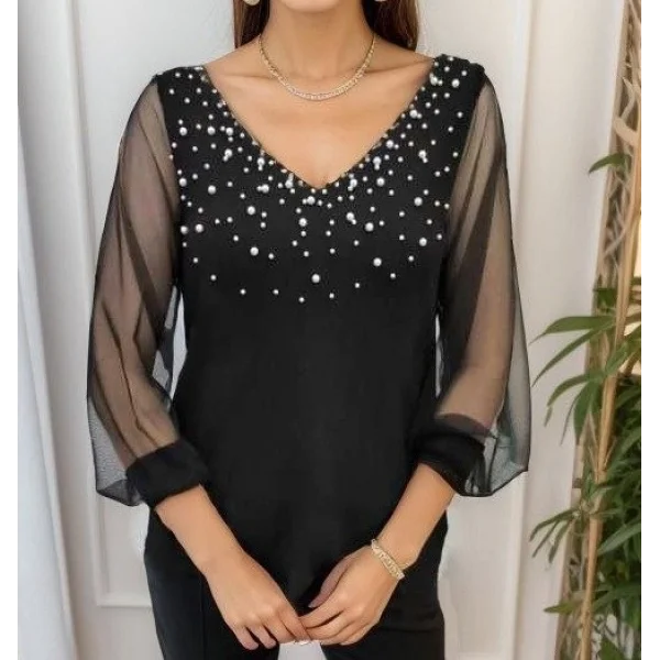 Kadın Uzun Kollu V Yaka Kolları Tül Yaka Kenarı Ve Göğüs Inci Detay Krep Bluz