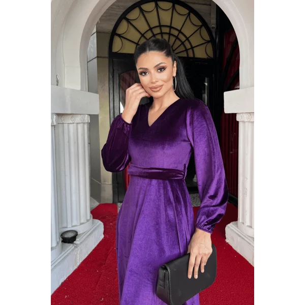 Kadın Uzun Kollu V Yaka Kuşak Dahil Kadife Kumaş Midi Boy Elbise