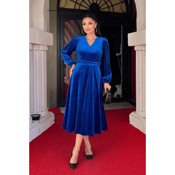 Kadın Uzun Kollu V Yaka Kuşak Dahil Kadife Kumaş Midi Boy Elbise