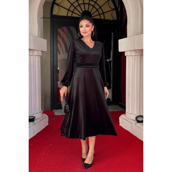 Kadın Uzun Kollu V Yaka Kuşak Dahil Kadife Kumaş Midi Boy Elbise