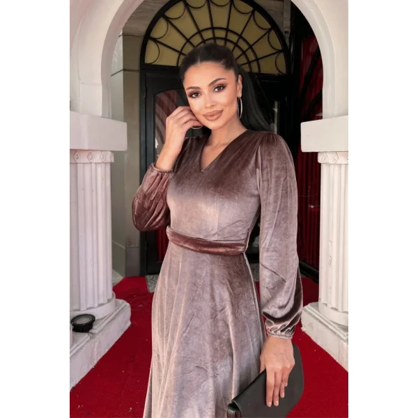 Kadın Uzun Kollu V Yaka Kuşak Dahil Kadife Kumaş Midi Boy Elbise