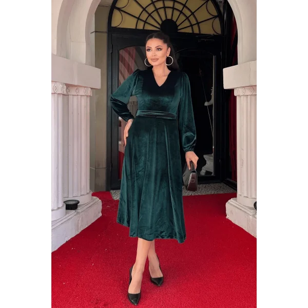 Kadın Uzun Kollu V Yaka Kuşak Dahil Kadife Kumaş Midi Boy Elbise