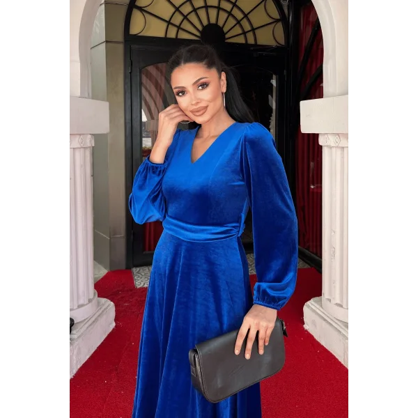 Kadın Uzun Kollu V Yaka Kuşak Dahil Kadife Kumaş Midi Boy Elbise