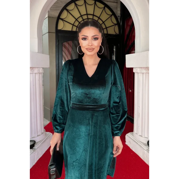 Kadın Uzun Kollu V Yaka Kuşak Dahil Kadife Kumaş Midi Boy Elbise