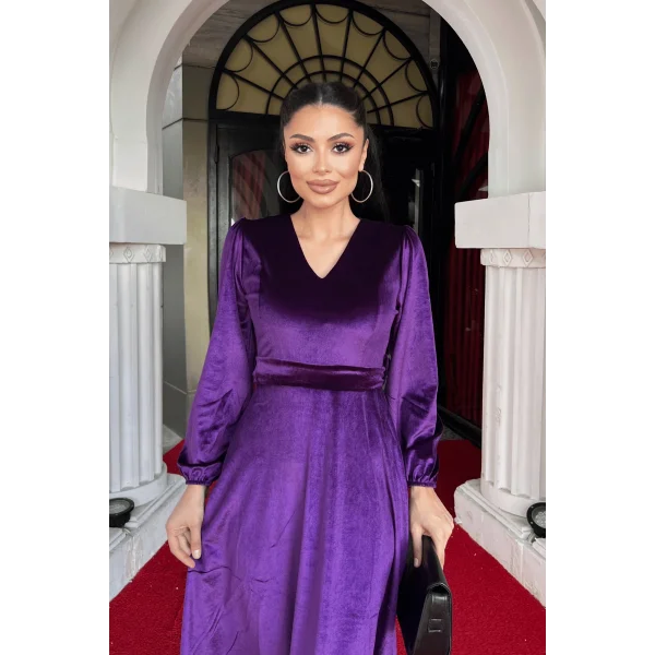 Kadın Uzun Kollu V Yaka Kuşak Dahil Kadife Kumaş Midi Boy Elbise